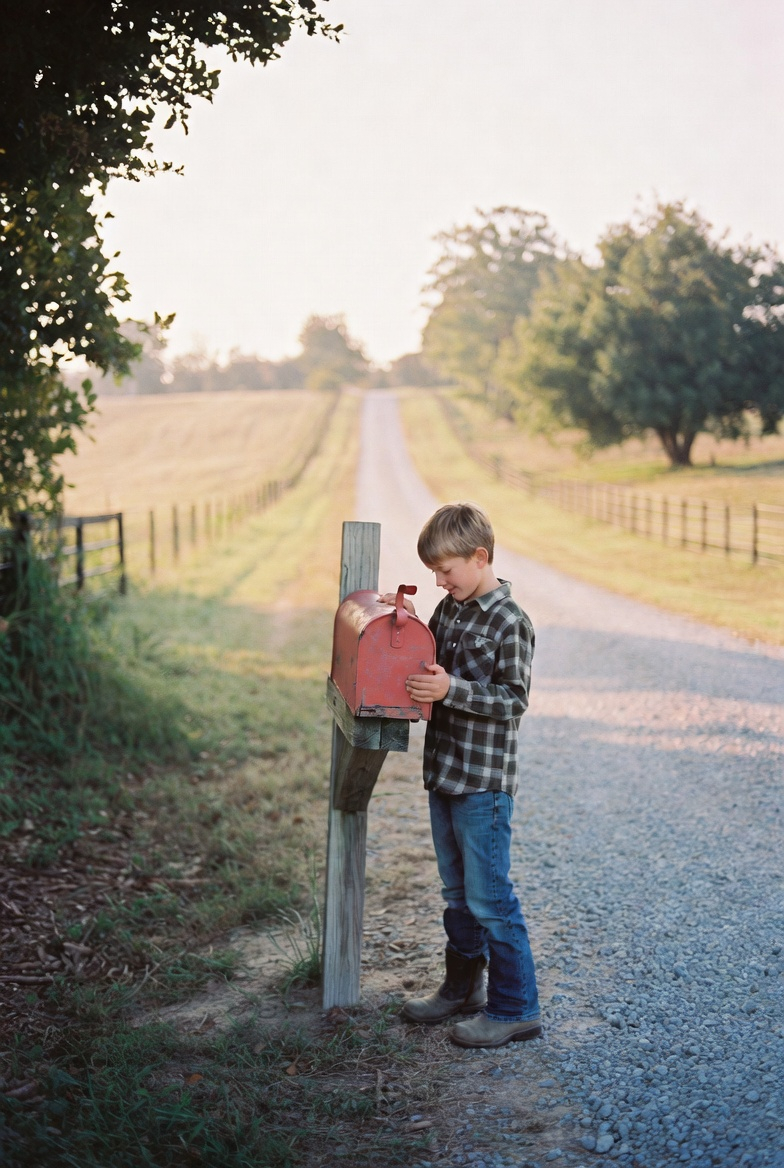 A boy in a plaid shirt checking a red mailbox on a country road