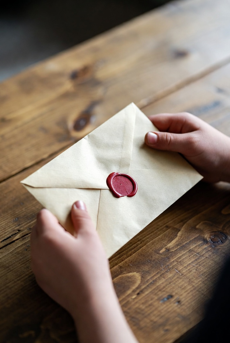 A child's hands opening a kraft paper envelope with a letter inside