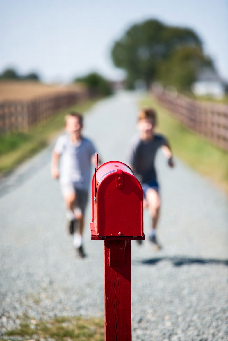 Two kids running excitedly down a country road toward a red mailbox