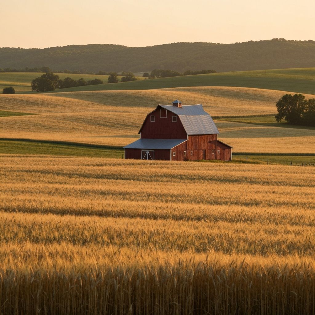 A red barn in a golden wheat field at sunset
